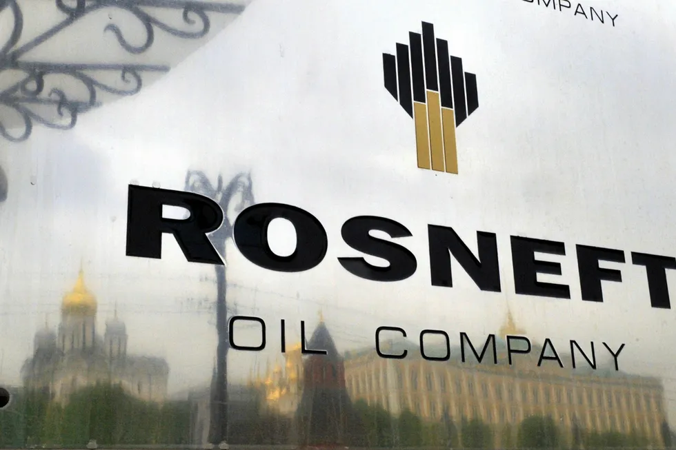 Partnership: the Rosneft logo at the entrance of the company headquarters in Moscow, Russia