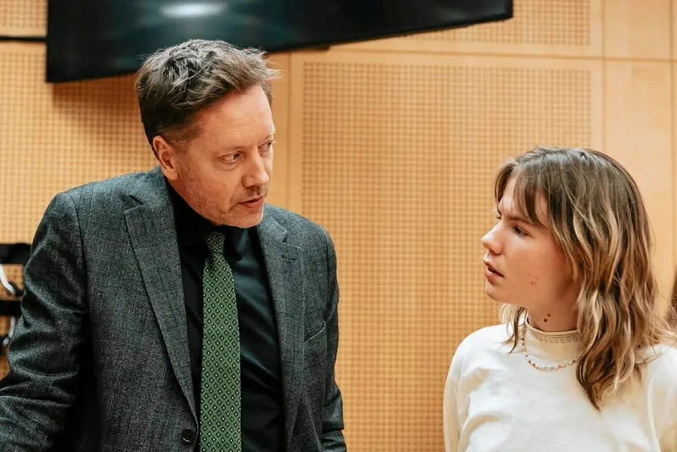 Back to court: Frode Pleym, head of Greenpeace Norway, and Gina Gylver, former head of Nature & Youth, during the climate trial in Oslo district court in November 2023