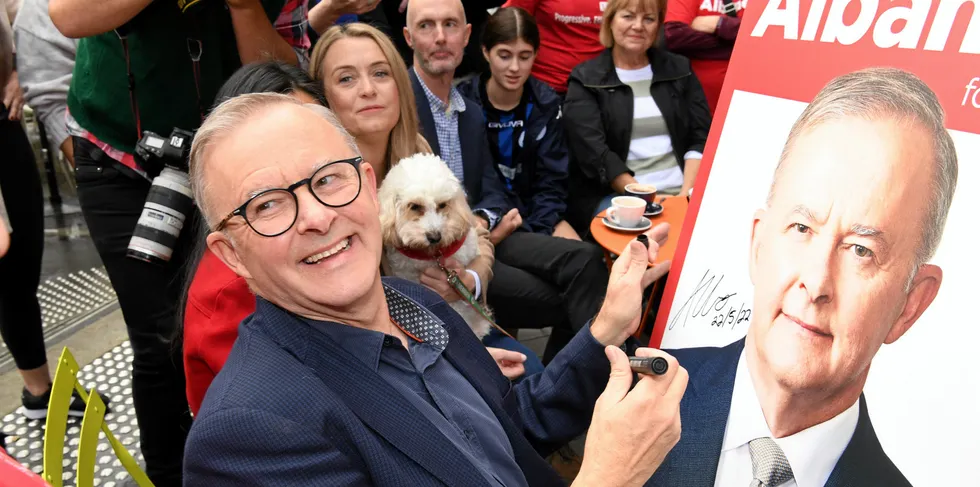 Prime minister-elect Anthony Albanese signs a poster for a young boy as he shares a coffee near his home on May 22, 2022 in Sydney, Australia.