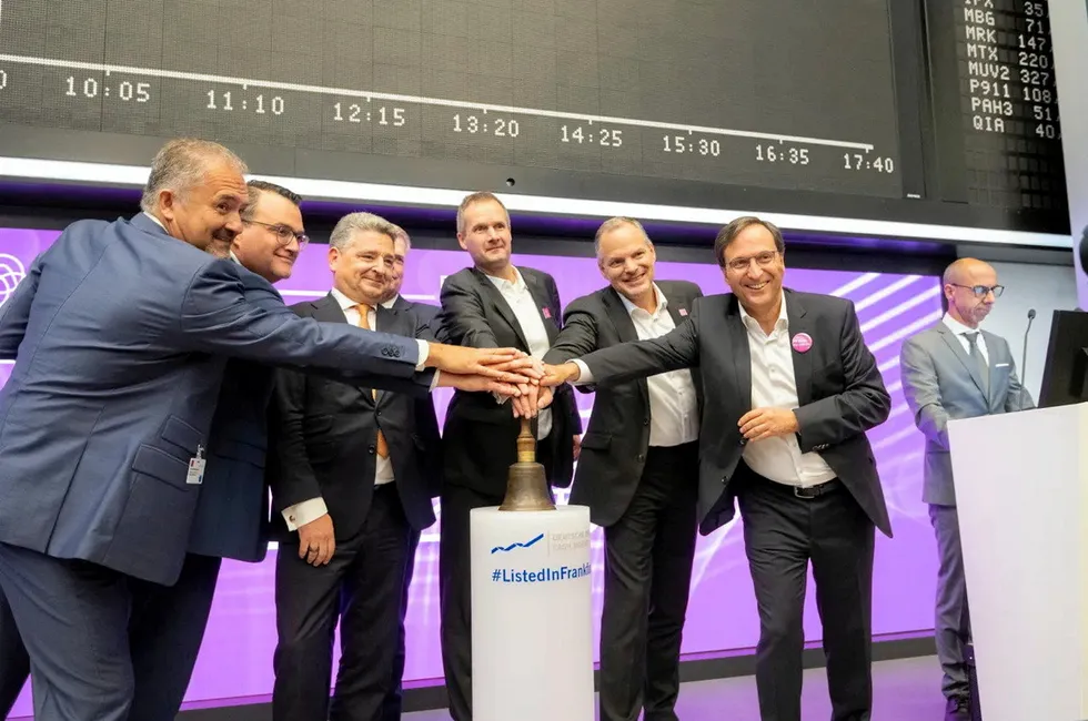 Thyssenkrupp Nucera executives at the opening bell of the Frankfurt Stock Exchange this morning.