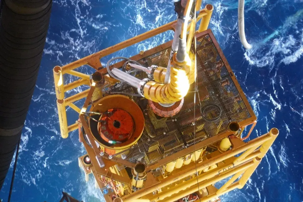 Seabed bound: a subsea tree being deployed from a rig