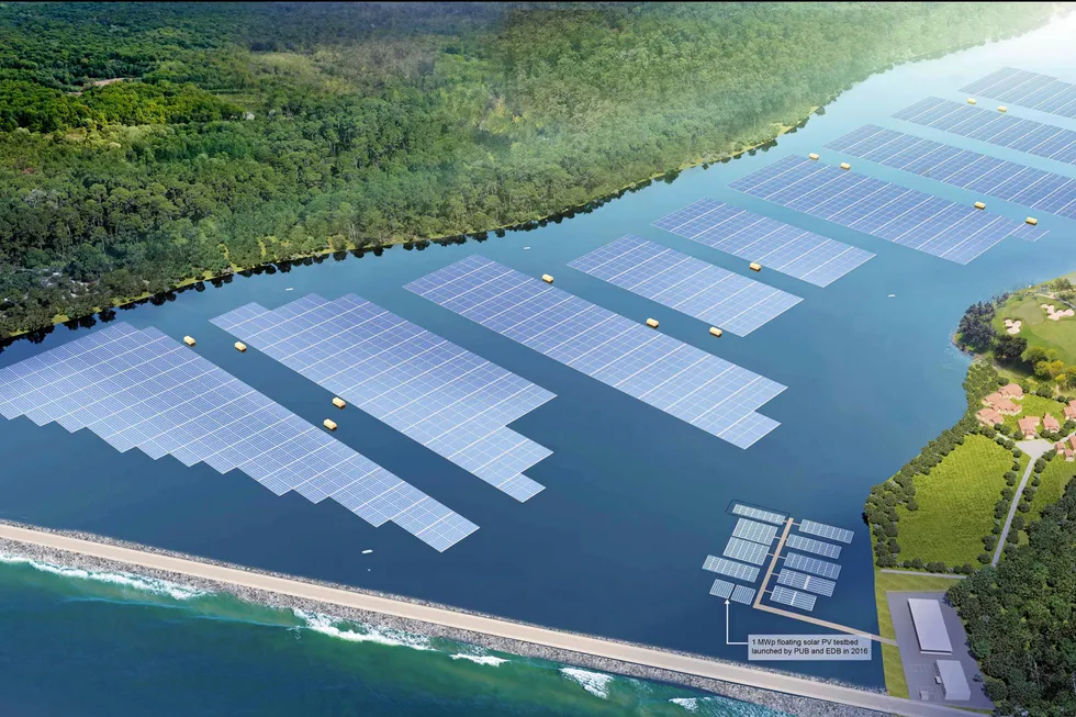 Artist impression of the planned 60MWp floating solar system on Tengeh Reservoir, Singapore