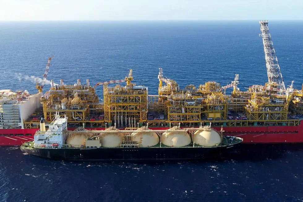 Offloading: the liquefied natural gas carrier Gallina alongside Shell's Prelude FLNG facility, offshore Australia.