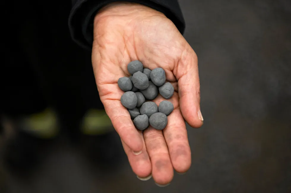 Iron pellets produced from hydrogen at the Hybrit green steel project in Sweden.