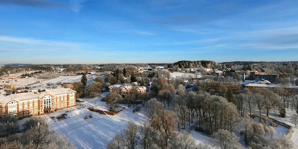 NMBU campus Ås en fin vinterdag i 2018. Dronefoto