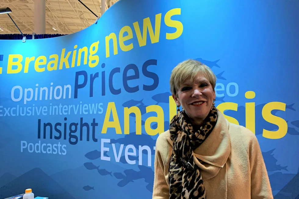 Sylvia Wulf at IntraFish's booth at Seafood Expo North America 2019 in Boston.
