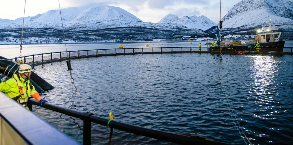 Brønnbåten «Ro Fortune» hos oppdrettsanlegget Lerøy Årøya i Lyngenfjorden i Troms og Finnmark Fylke.