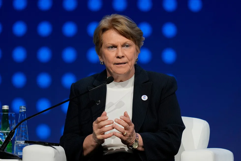 Occidental chief executive Vicki Hollub talks during the ADIPEC Oil and Energy exhibition and conference in Abu Dhabi, United Arab Emirates, on Monday, 2 October 2023.