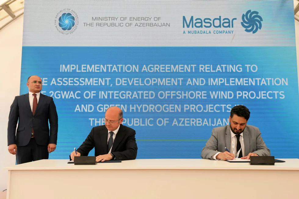 Caspian deal: Azerbaijan Energy Minister Parviz Shahbazov (left), with Masdar Clean Energy acting executive director Fawaz Al Muharrami (right)