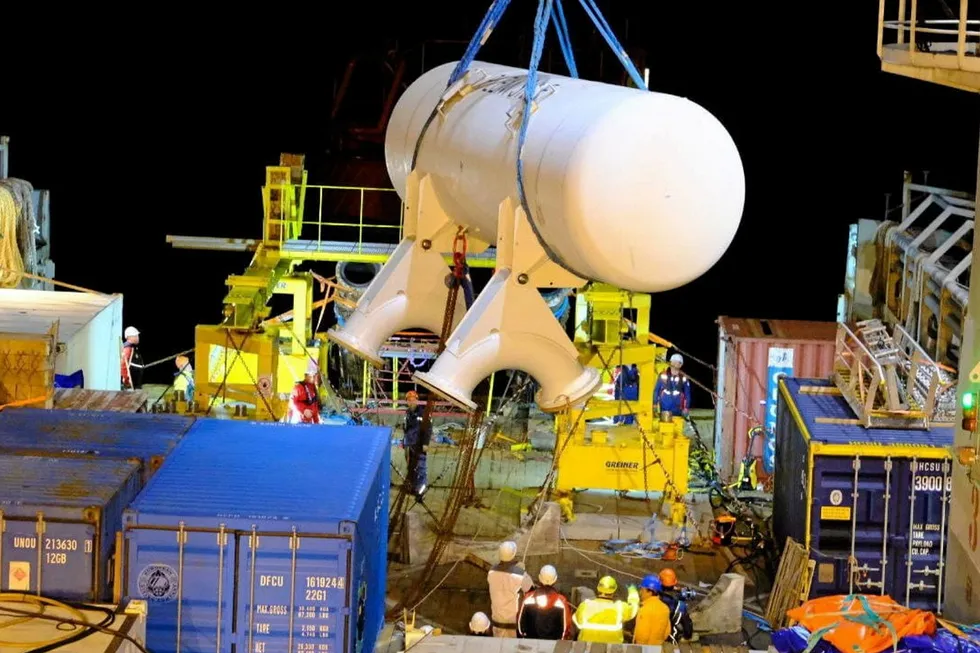 Night rush: a new subsea buoyancy tank being prepared for installation next to one of the Caspian Pipeline Consortium’s marine loading buoys.