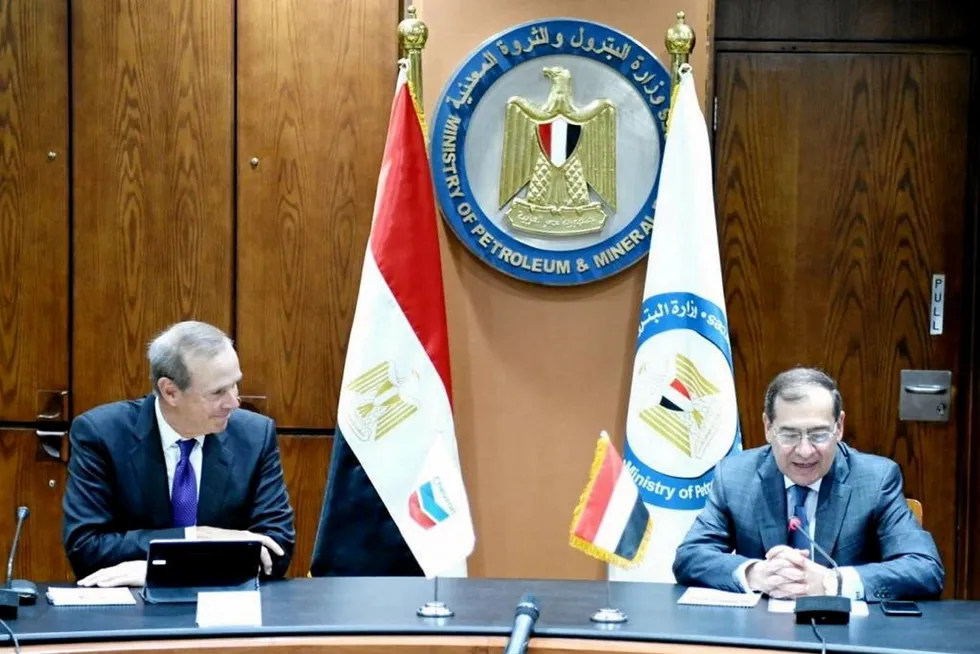 Meeting of minds: Chevron chief executive Mike Wirth (left) and Egypt’s Minister of Petroleum Tariq al-Mulla in Cairo on 20 June