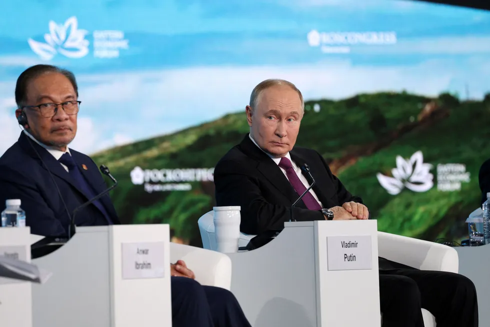 Malaysia's Prime Minister Anwar Ibrahim and Russia's President Vladimir Putin attend a plenary session of the Eastern Economic Forum in Vladivostok, Russia on 5 September 2024.