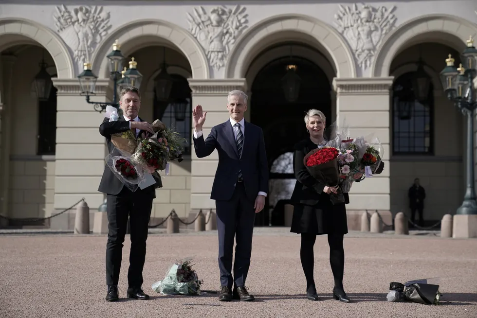 New minister: Norwegian Prime Minister Prime minister Jonas Gahr Store (centre) appointed Terje Lien Aasland (left) as Energy Minister today, replacing Marte Mjos Pedersen (right), who takes over as Labour Minister