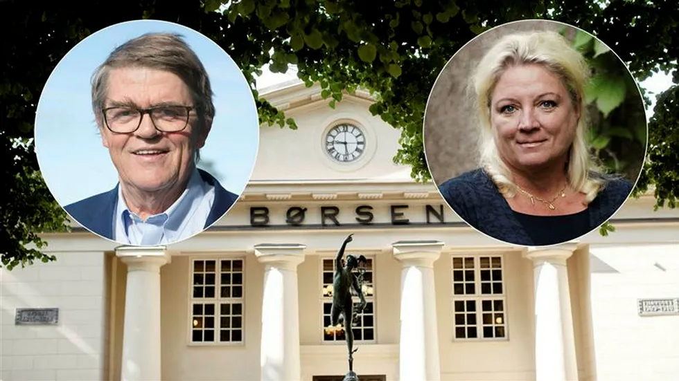 Oslo Børs med forvalter Jan Petter Sissener og Ragnhild Wiborg i Wiborg Capital Management innfelt.