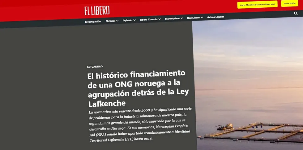 Faksimile av oppslaget i nettavisen El Líbero. Tittelen lyder: «En norsk NGOs historiske finansiering av gruppen bak Lafkenche-loven».