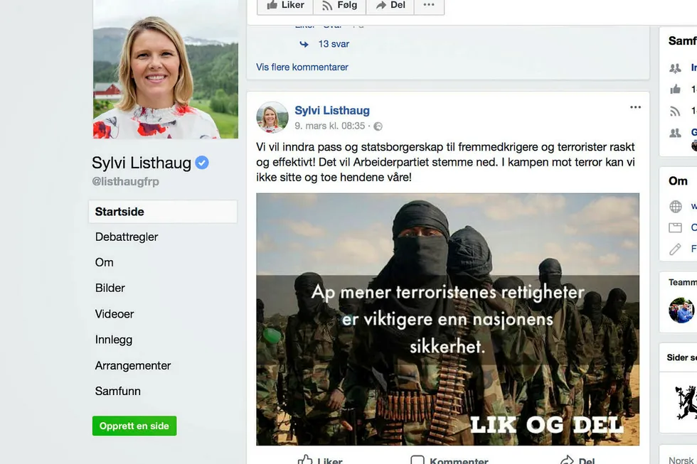Dette er Facebook-innlegget justis- og innvandringsminister Sylvi Listhaug til slutt slettet av opphavsrettslige hensyn. Skjermdump Facebook, /NTB scanpix