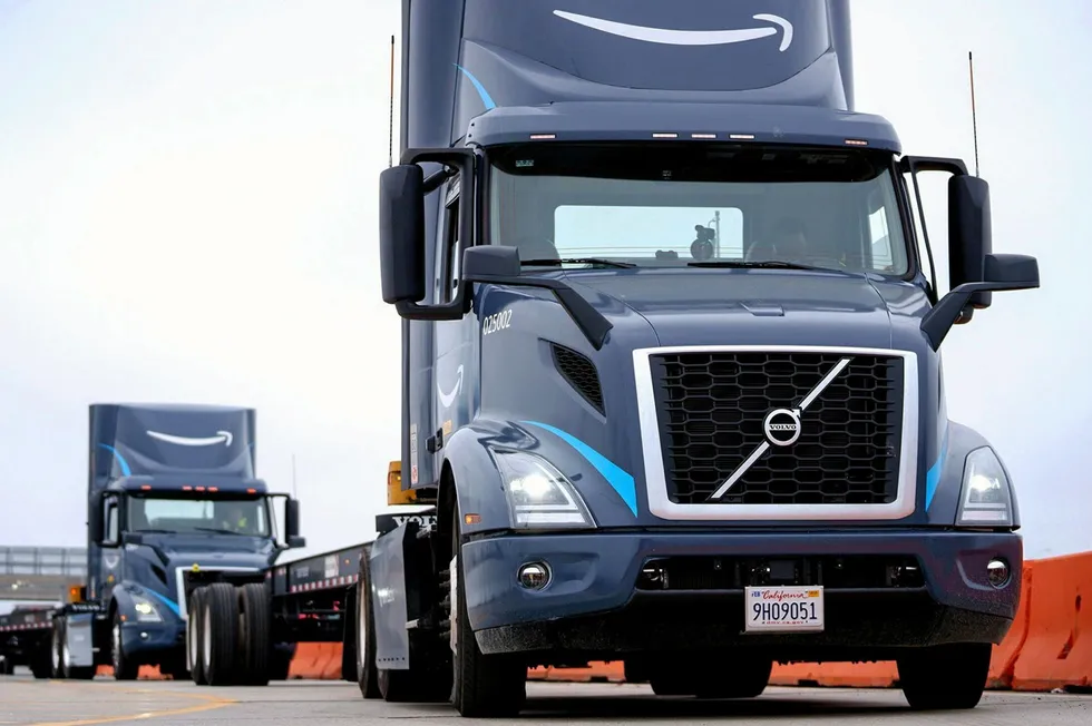 Volvo heavy-duty electric trucks being rolled out by Amazon in southern California.