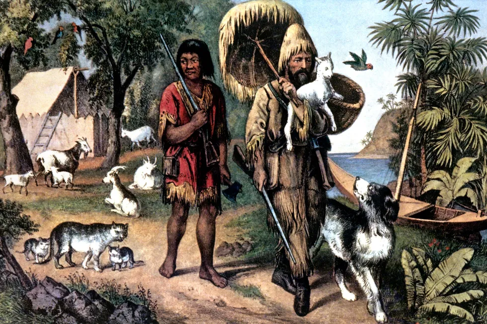Robinson Crusoe og hans hjelper Fredag. (Currier&Ives litografi, 1874)