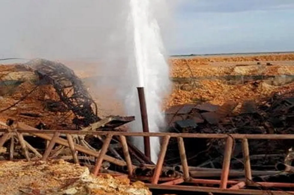 Aftermath: Accident well #303 flowing a mixture of gas and water at the reduced rate at the Karaturun East field in Kazakhstan operated by Buzachi Neft.