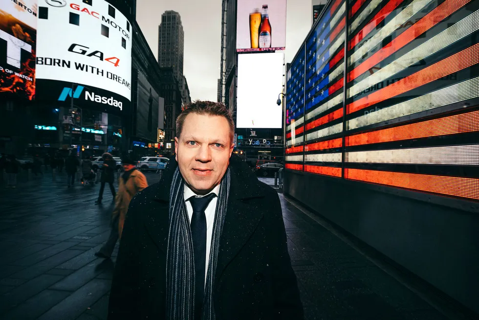 Sjefstrateg Leif-Rune Huseby Rein i Nordea Wealth Management, her utenfor Nasdaq-børsen på Times Square, New York.