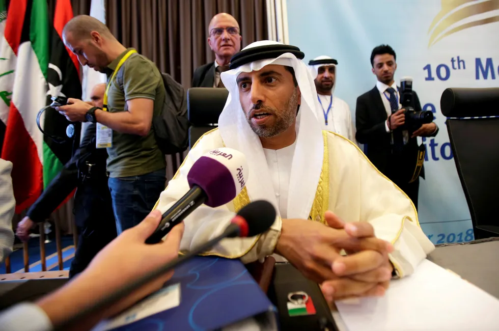 Committed: UAE Energy Minister Suhail Al Mazrouei talks to the media at an OPEC Ministerial Monitoring Committee in Algiers in 2018