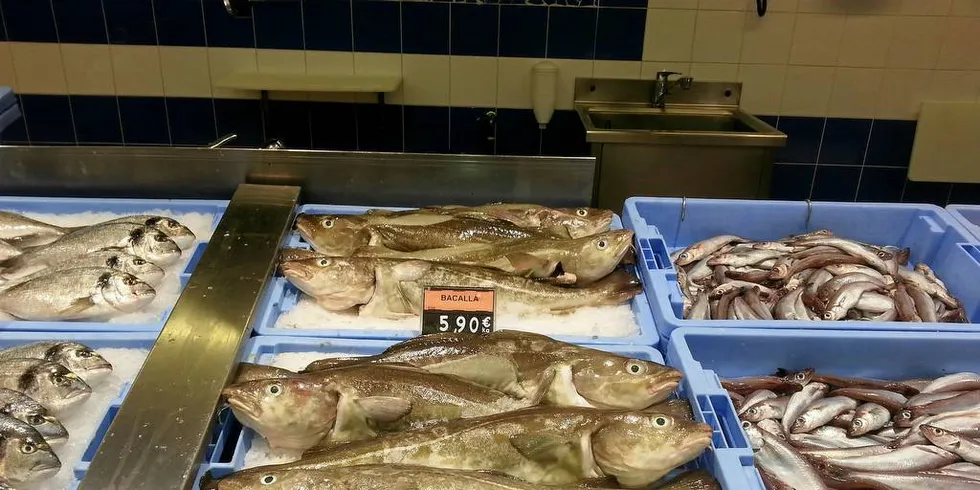 HEL FERSK TORSK DRAR OPP: Fersk norsk torsk er blitt et vanlig syn gjennom hele året i de spanske fiskediskene. Verdiveksten på eksport av fersk torsk er i hovedsak drevet av en prisvekst på 9 prosent for hel fisk så langt i år.Illustrasjonsfoto: Alf Fagerheim