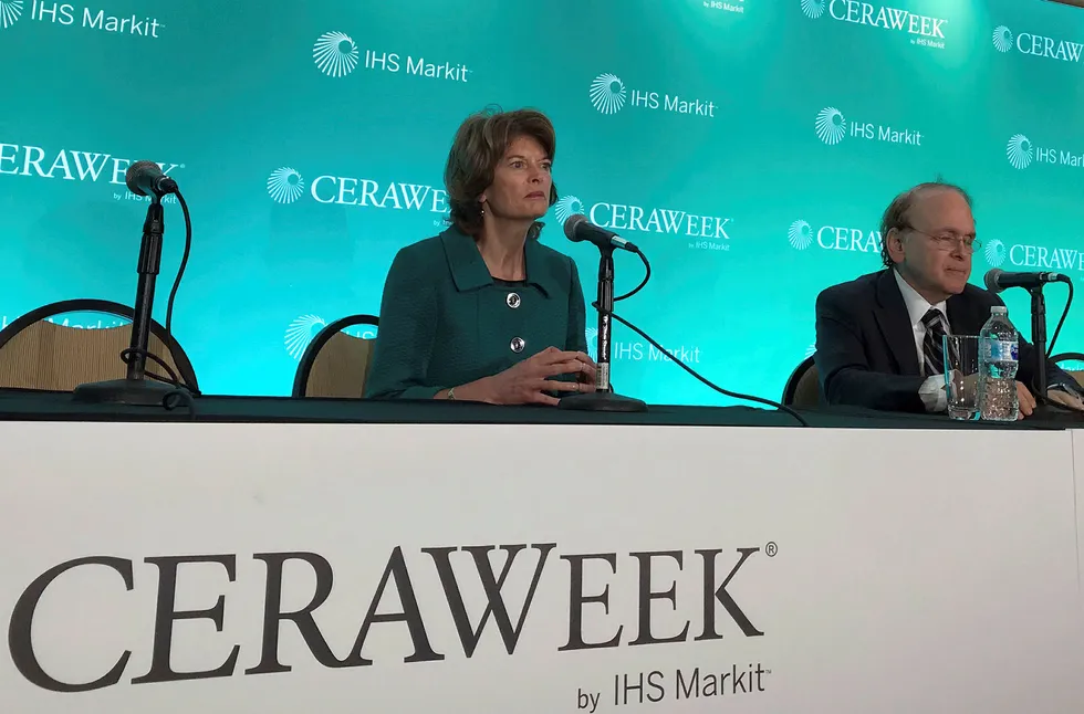 U.S. Senator from Alaska, Lisa Murkowski, speaks with energy scholar Daniel Yergin at the annual CERAWeek energy conference in Houston, Texas, U.S., March 9, 2018. REUTERS/Maria Caspani