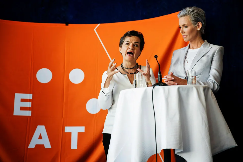 FNs klimasjef Christiana Figueres (tv) og Gunhild Stordalen på Eat Forum 2018. Foto: Linus Sundahl-Djerf