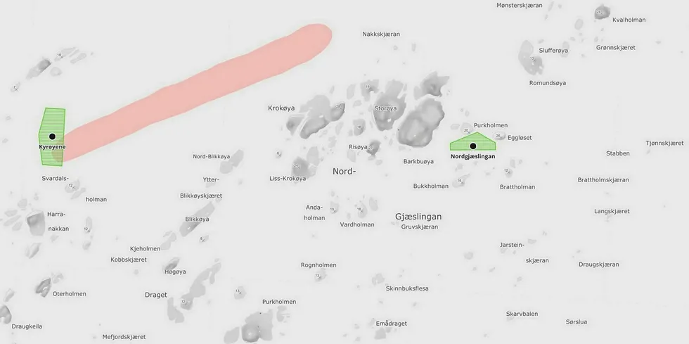 Emilsen Fisk sin lokalitet 26315 Nordgjæslingan ligger i produksjonsområde Nord-Trøndelag med Bindal, i Vikna kommune i Trøndelag. Kart: Barentswatch