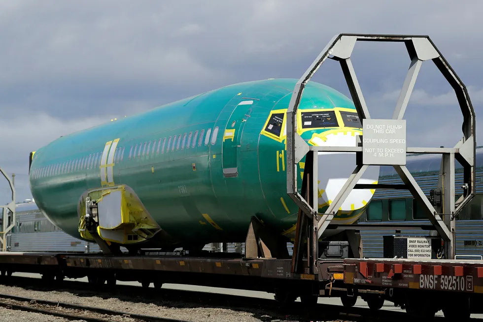 Her er flykroppen til et Boeing 737 Max-fly på vei til fabrikken i Renton i Seattle, nordvest i USA.