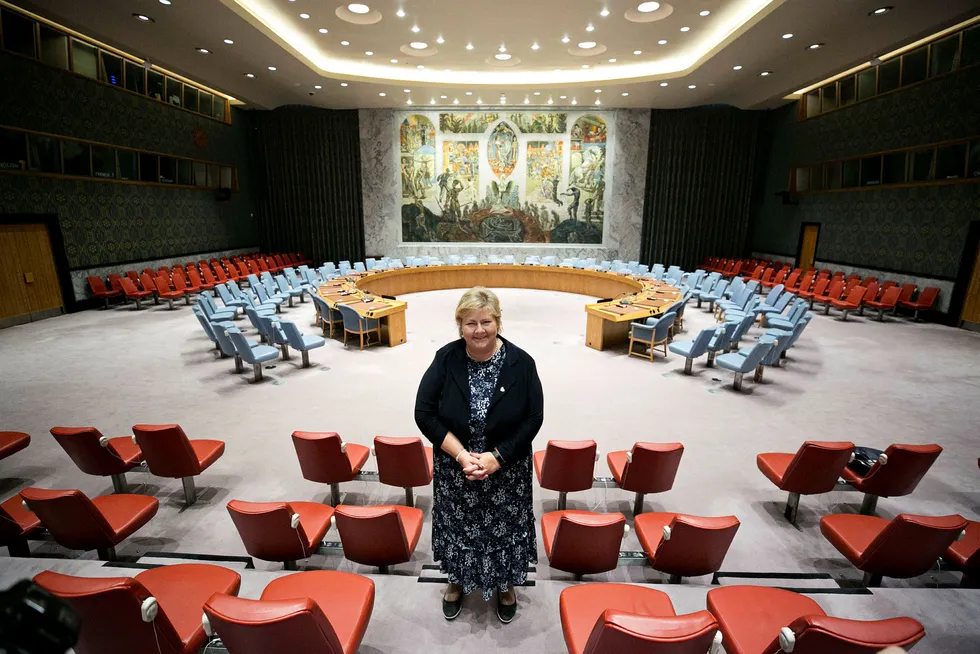 Statsminister Erna Solberg i sikkerhetsrådssalen i FN.