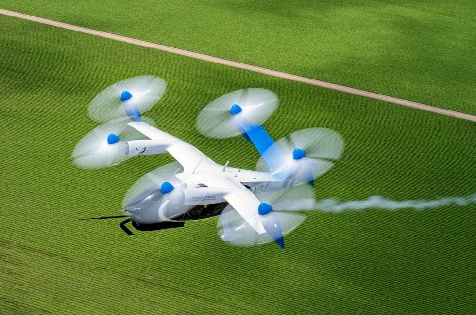 Joby's prototype hydrogen-electric air taxi in flight.