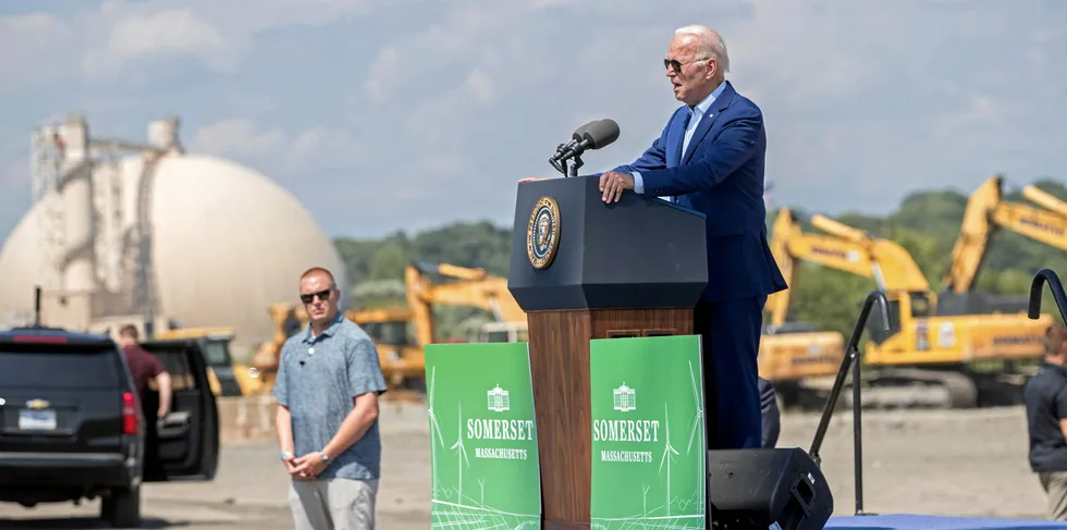 Joe Biden delivers remarks on climate change and clean energy at Brayton Point Power Station on July 20, 2022 in Somerset, Massachusetts.