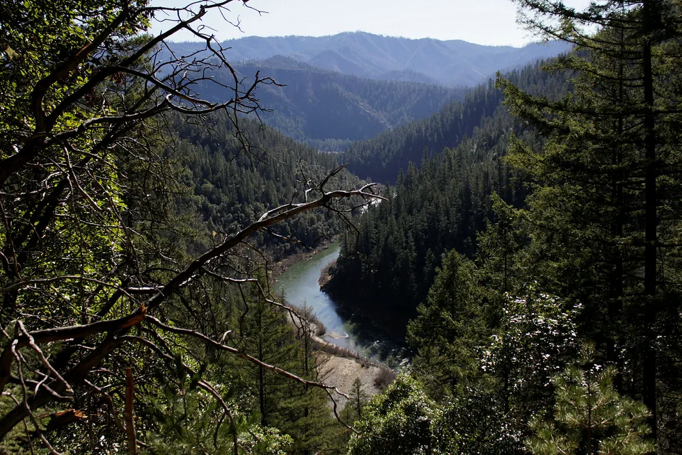 Harnessing biomass waste: in California where the Klamath River is seen flowing across the northern part of the state in the Klamath National Forest