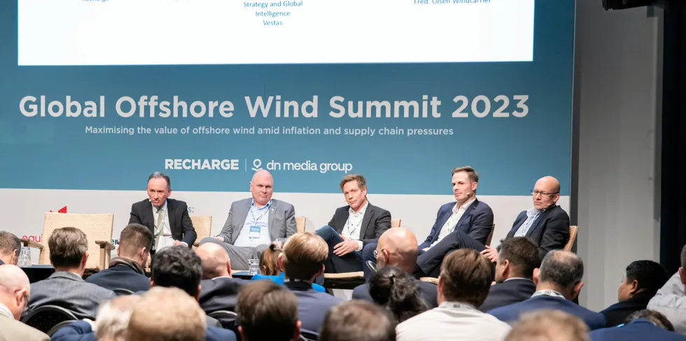 Mingyang's Europe head Karsten Merker sits far right on the panel, with Vestas offshore wind specialist Joffrey Dupuy next to him.