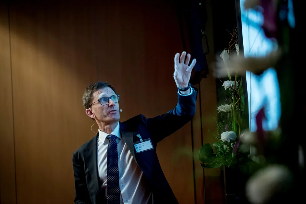 Torbjørn Hægeland, direktør for finansiell stabilitet i Norges Bank, under sentralbankens finansielle fagdag tirsdag. Foto: Gorm K. Gaare