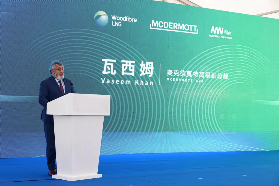 Address: McDermott senior vice president Vaseem Khan speaks at the first steel cutting ceremony.