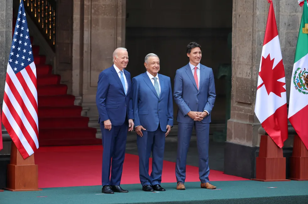 President Joe Biden, President of Mexico Andres Manuel Lopez Obrador and Prime Minister of Canada Justin Trudeau pose for the media during a welcome ceremony as part of the North American Leaders' Summit at the Palacio Nacional, Mexico City, on Monday.