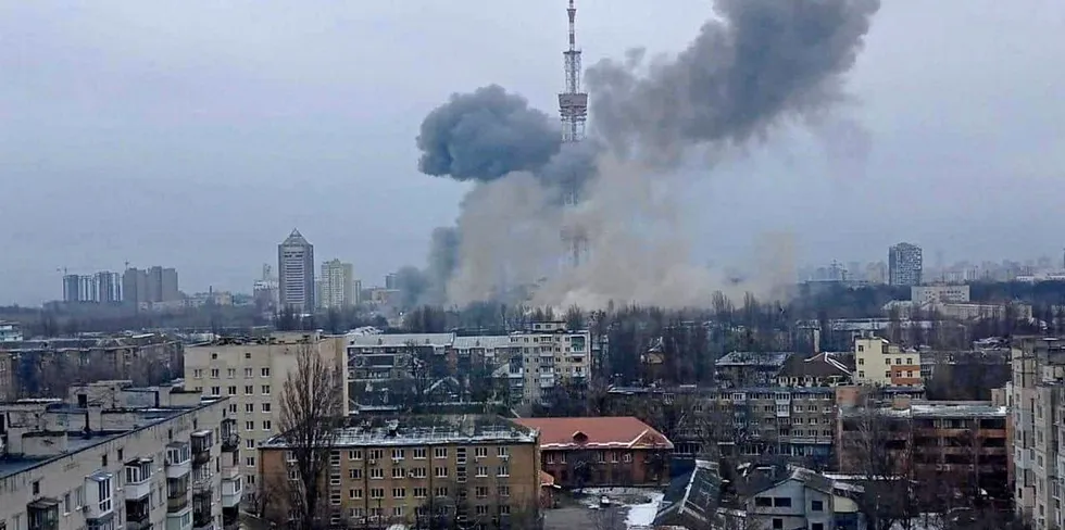 A TV tower in Kyiv, Ukraine comes under Russian shelling on March 1.