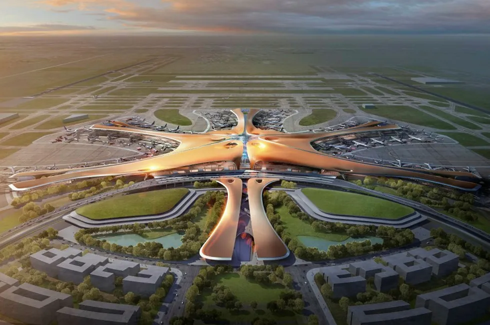 Den nye gigantflyplassen i Beijing som er under bygging, vil snu opp ned på luftfarten i Kina. Foto: Methanoia/Zaha Hadid Architects