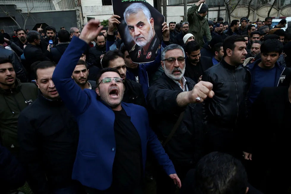 Tensions: Iranian demonstrators react during a protest against the assassination of the Iranian Major-General Qassem Soleimani