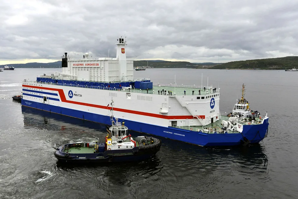 Trailblazer: world's first floating nuclear power unit Akademik Lomonosov, built for Russian nuclear conglomerate Rosatom, being towed from Murmansk in September 2019