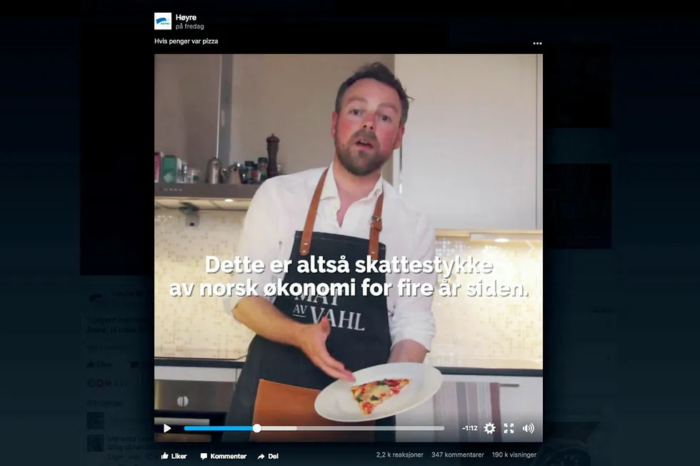 Kunnskapsminister Torbjørn Røe Isaksen snakker om norsk økonomi som et pizzastykke. Foto: Skjermdump fra Facebook