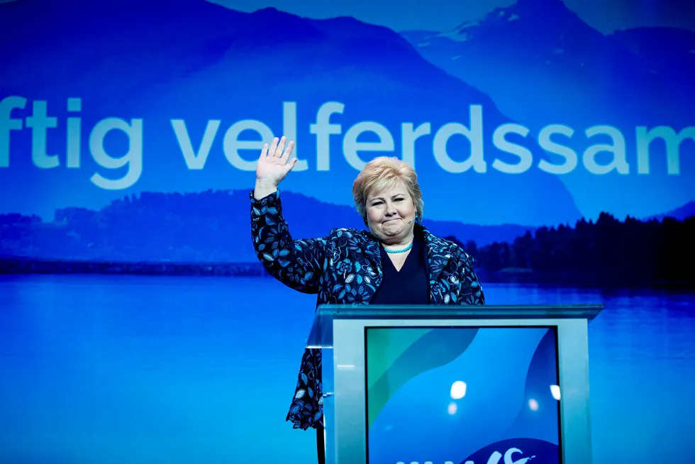 Statsminister Erna Solberg brukte blant annet talen til Høyres landsmøte på å advare mot Donald Trumps straffetoll. Foto: Skjalg Bøhmer Vold