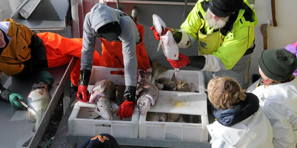 Norges Kystfiskarlag ønsker strategien velkommen og vi kommer til å ha høyt fokus på likestillingsarbeidet i kystflåten. Bildet viser lærer Arne Tunheim som siden 2000 hatt med seg 15.000 barneskoleelever på fiske.