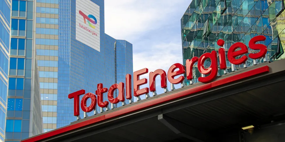Courbevoie, France, March 14, 2022: Exterior view of the tower housing the headquarters of the oil company TotalEnergies, formerly known as Total, in the business district of Paris La Defense . TotalEnergies.