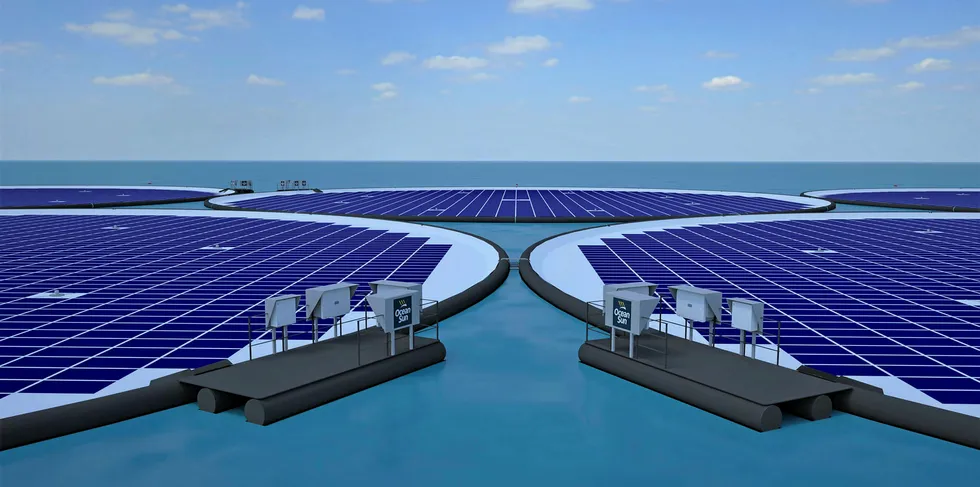 CGI of Ocean Sun's floating offshore solar array concept