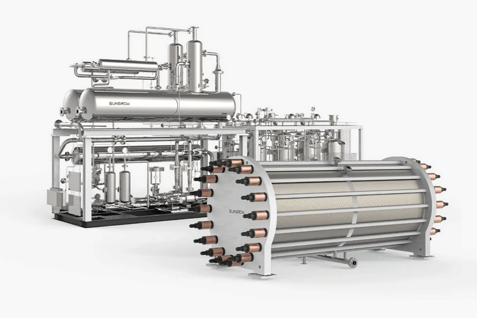 A rendering of an alkaline electrolysis system - with electrolyser stack in the foreground and balance of plant in the background - produced by Chinese supplier Sungrow.