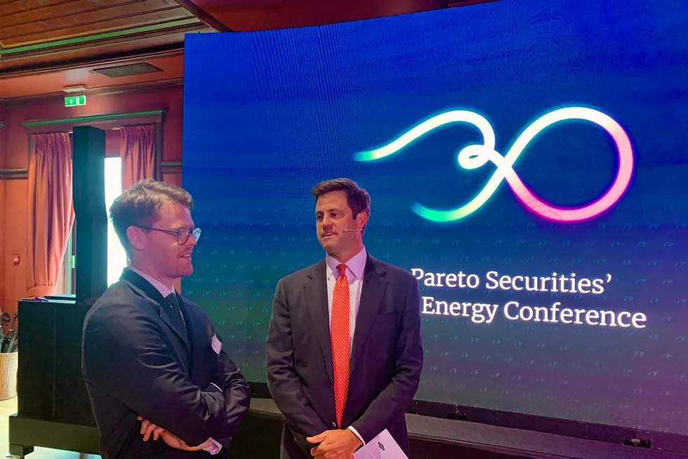 Pareto Securities analyst Baard Rosef and Noble chief executive Robert Eifler.