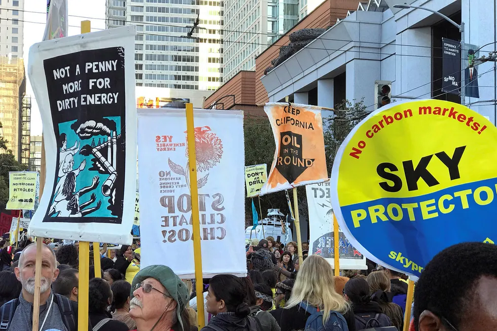 Protest: environmental demonstrators outside the Global Climate Action Summit in San Francisco